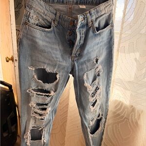 Light Blue Distressed Women’s Jeans - Button Fly